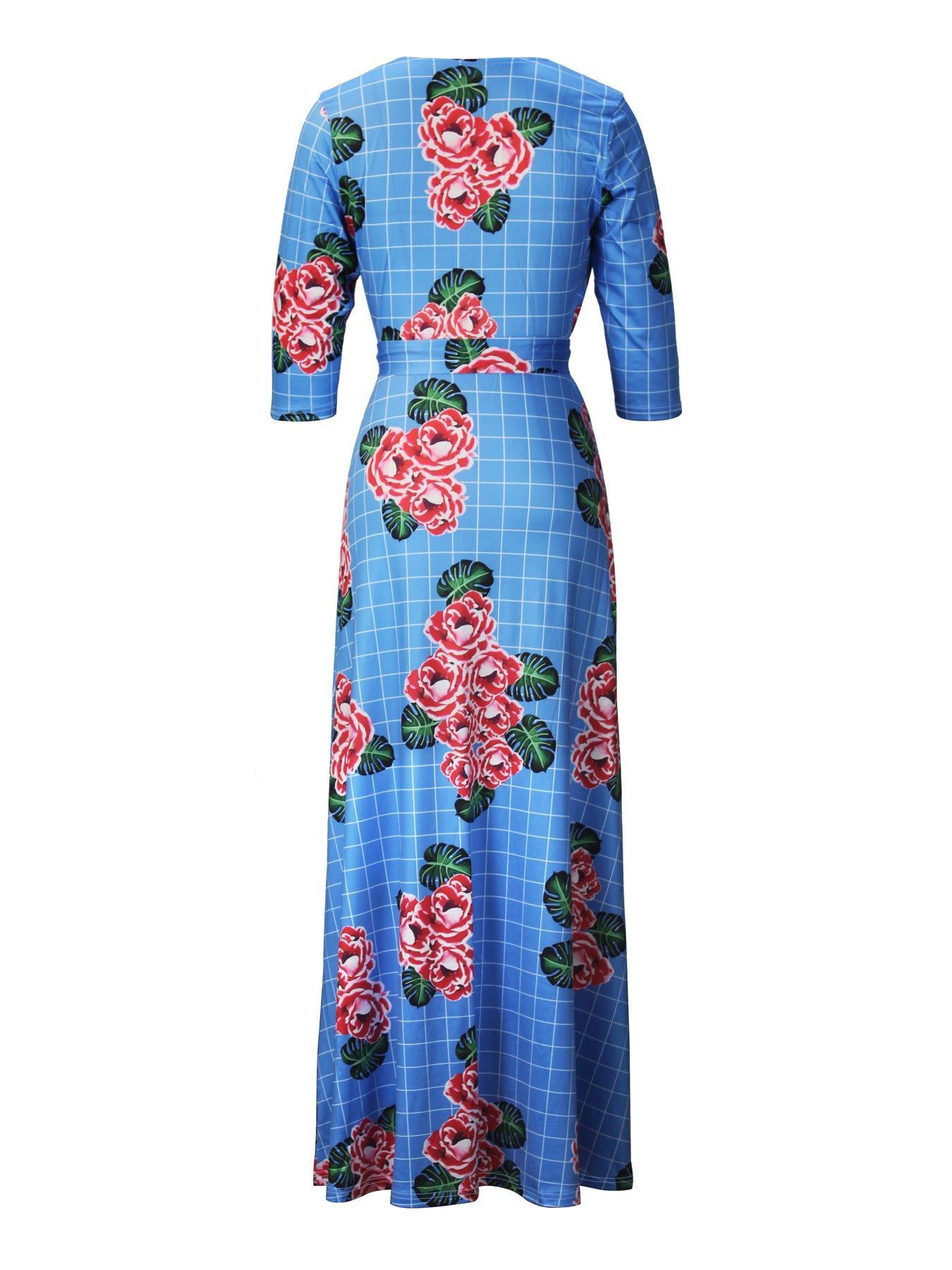 Spring & Autumn Women's Fashion Elegant Wrap V-Neck Half-Sleeve Print Belt Maxi Dress 76