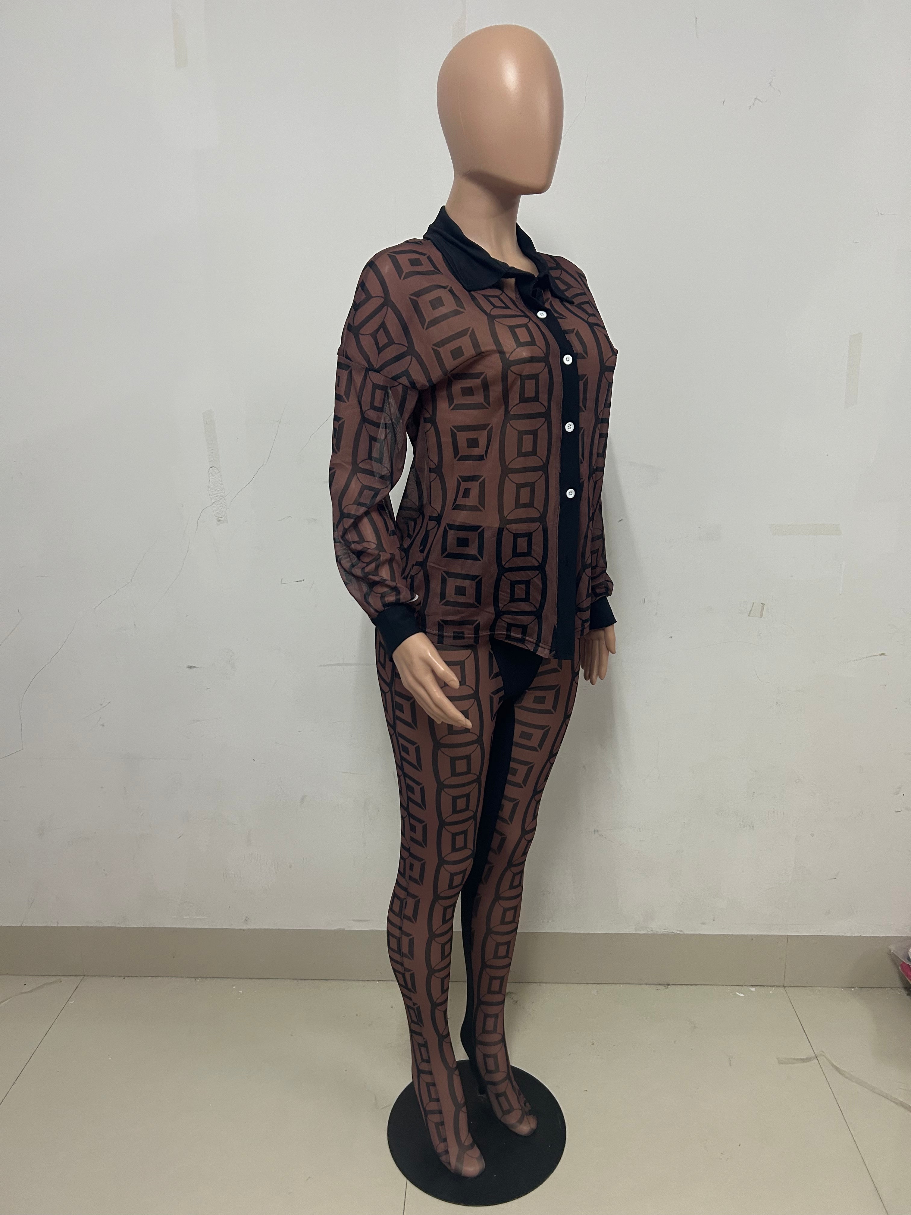 Spring Summer Print Mesh See-Through Shirt And Trousers Two Piece Set 8