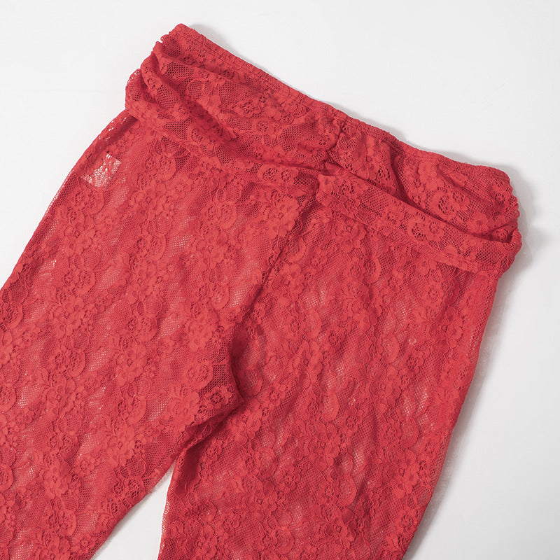 Women's Spring Solid Casual Lace Crop Strapless Top Slim Bell Bottom Pants Two Piece Set 19