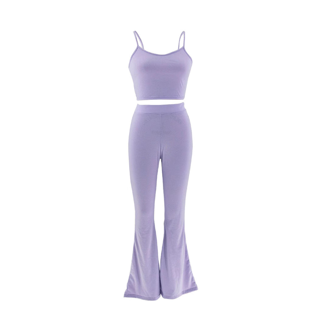 Women's Purple Bell Bottom High Waist Stretch Pants Sleeveless Vest Casual Two Piece Set 3