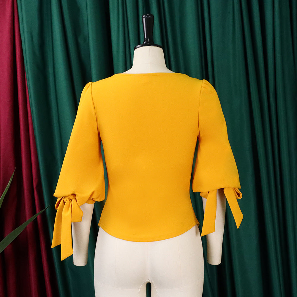 Women's Spring Fashion Chic Slim Fit Solid Lace-Up Bubble Sleeve Shirt 15