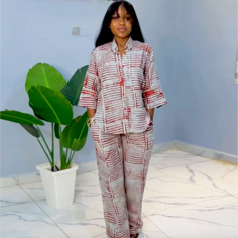 Women's Summer Printed Three-Quarter Sleeve Shirt & Loose Top Trousers Set 4