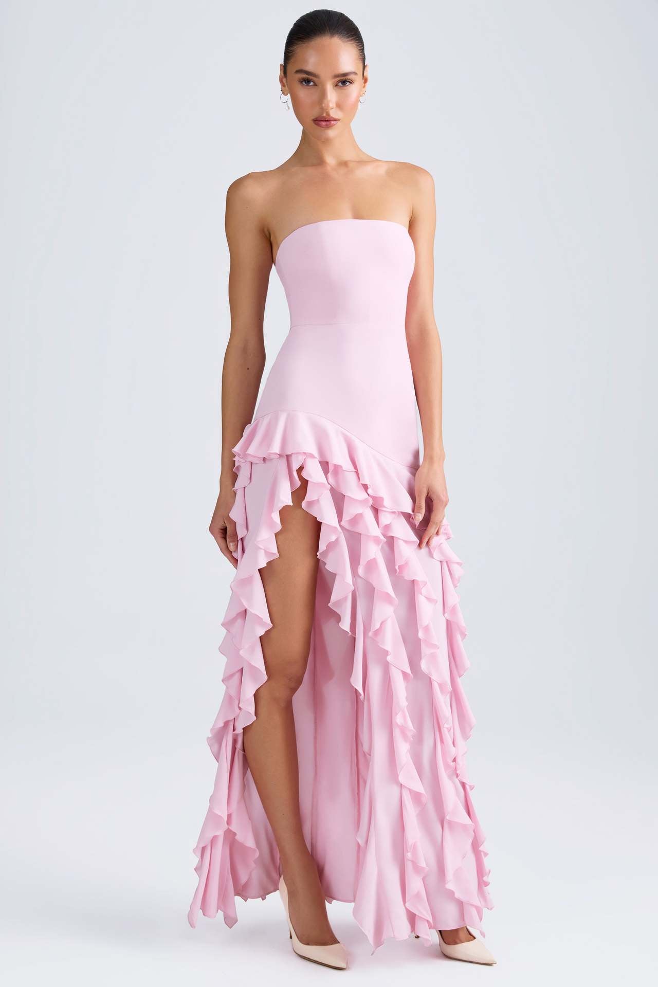 Summer Strapless Ruffle Solid Color Side Slit Chic Dress 4