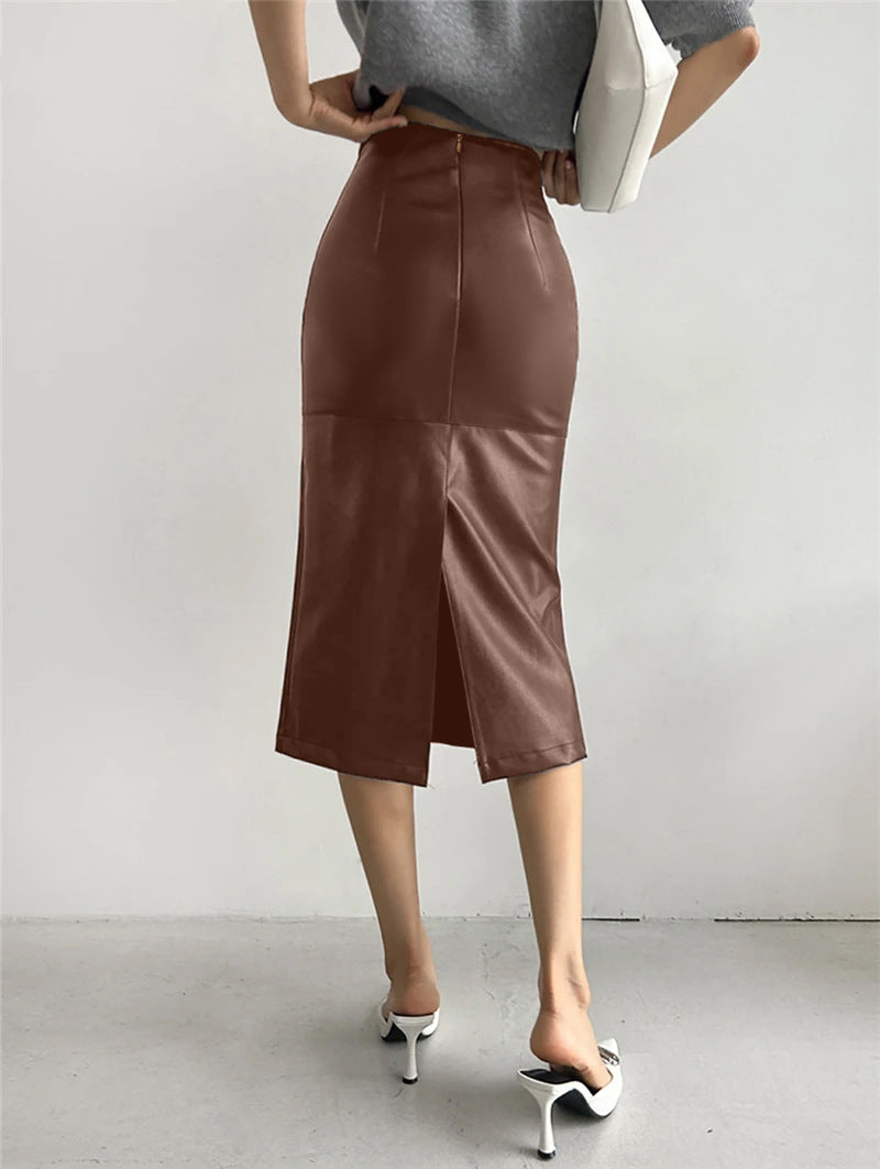 women's fashion spring autumn summer slit high waist straight Long Leather skirt 4