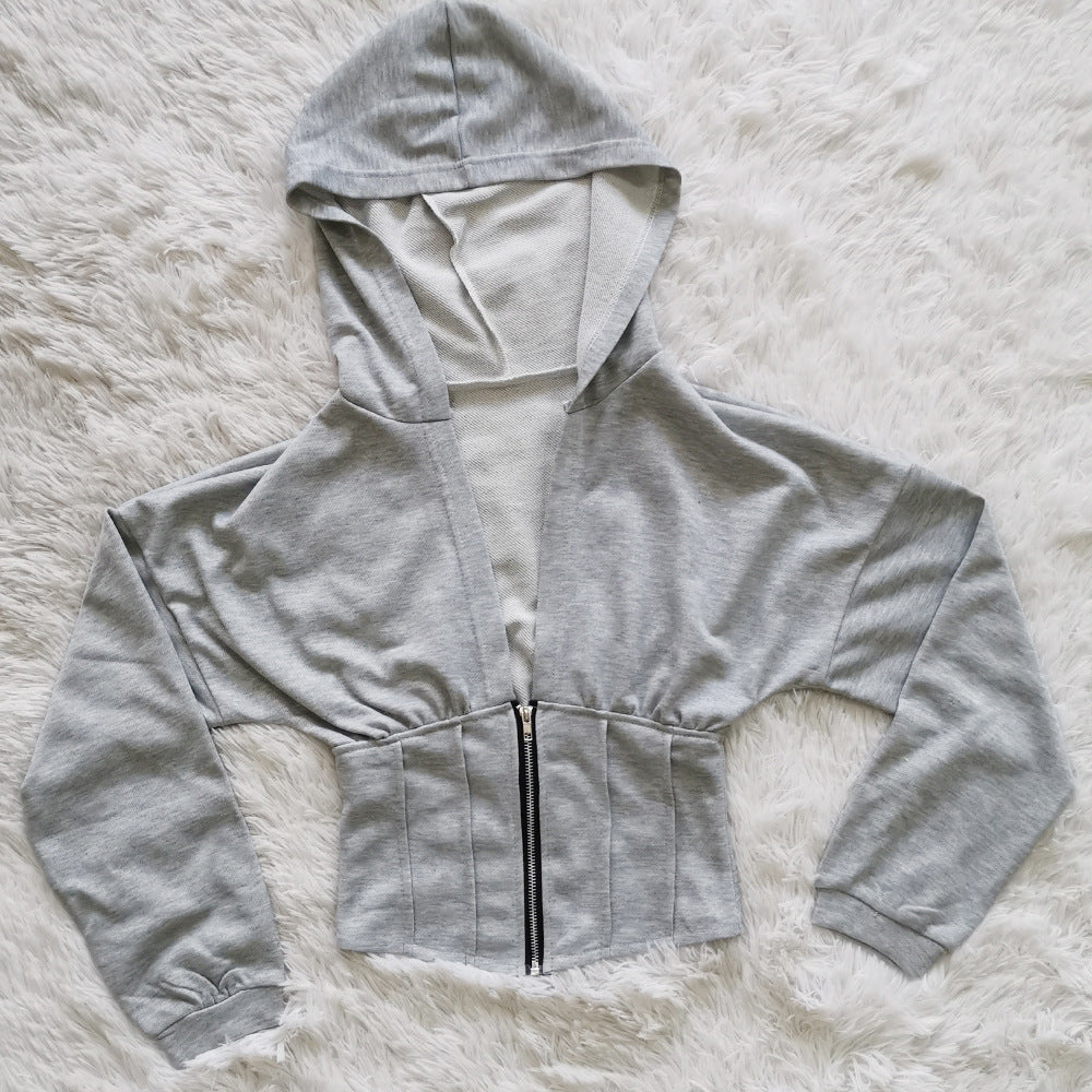 Women Sexy Elastic Waist Loose Hooded Zipper Top 5