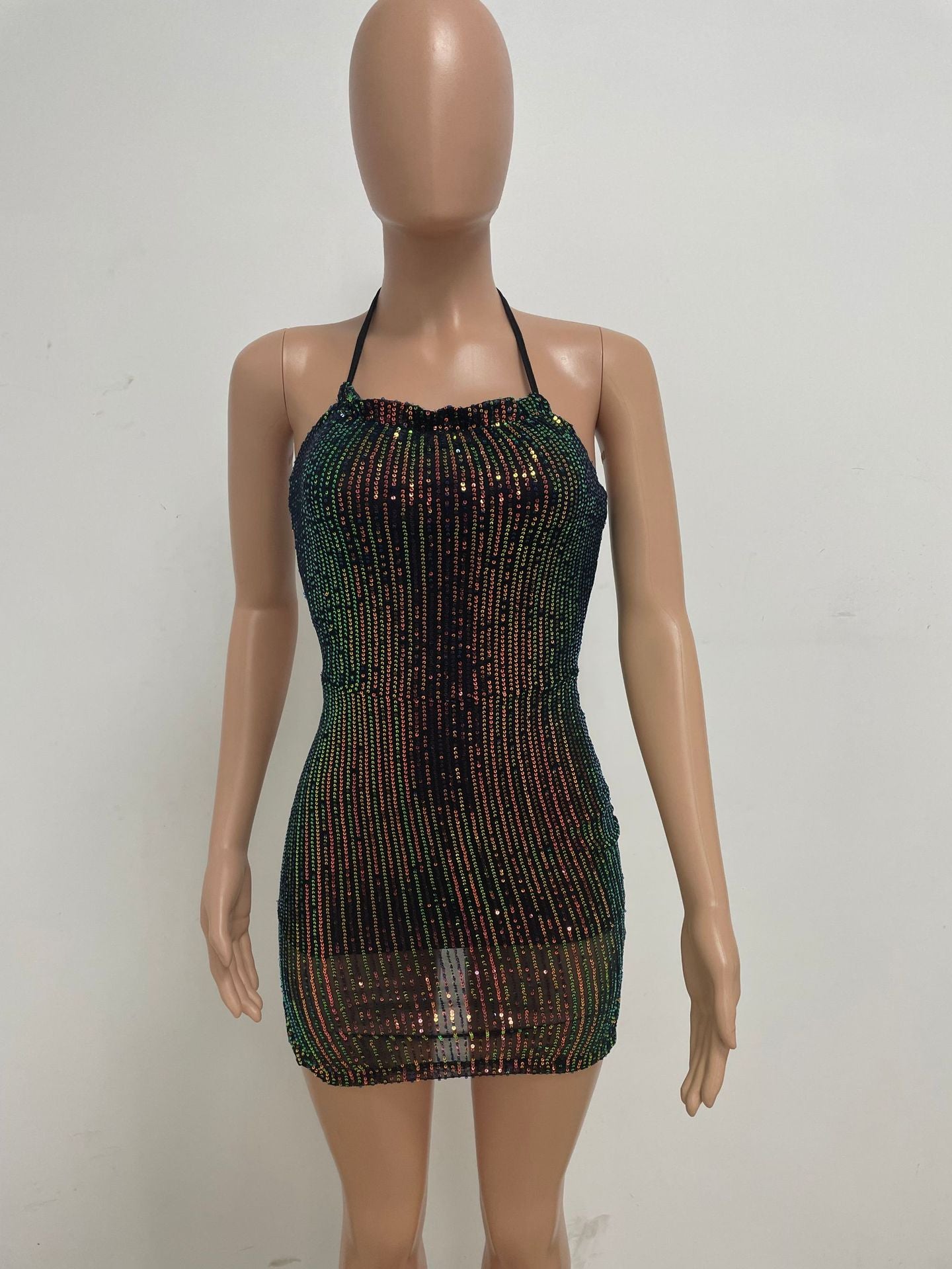 Women's Luxury Low Back Halter Neck Sequin Bodycon Dress 8
