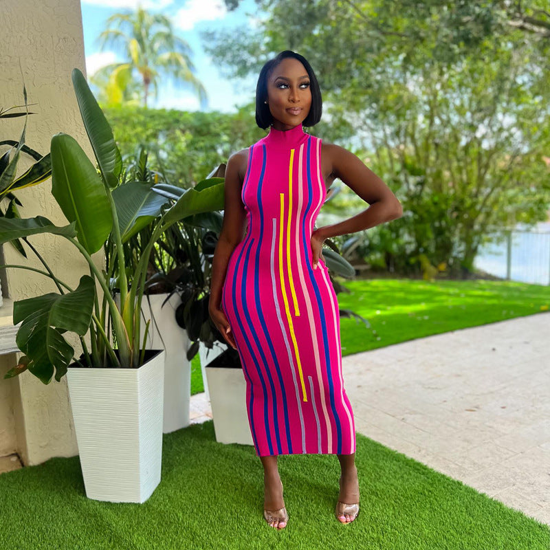 Women Ribbed High Neck Sleeveless Bodycon Dress