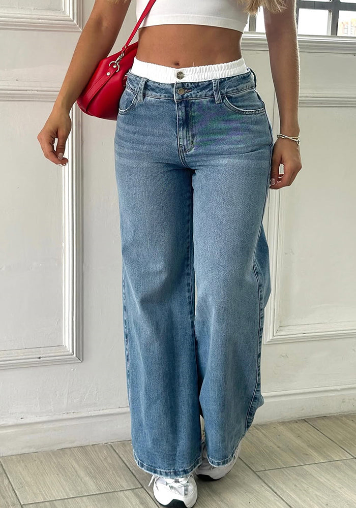 Women American Retro Non-elastic Contrast Color Wide Leg Denim Pants