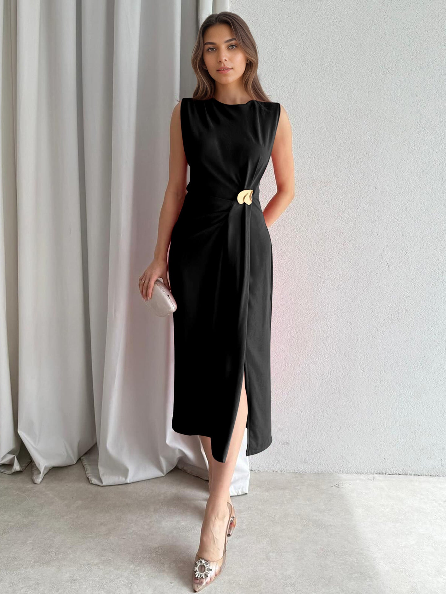 Women's pleated jewelry slit sleeveless Casual solid color fashion long dress 3