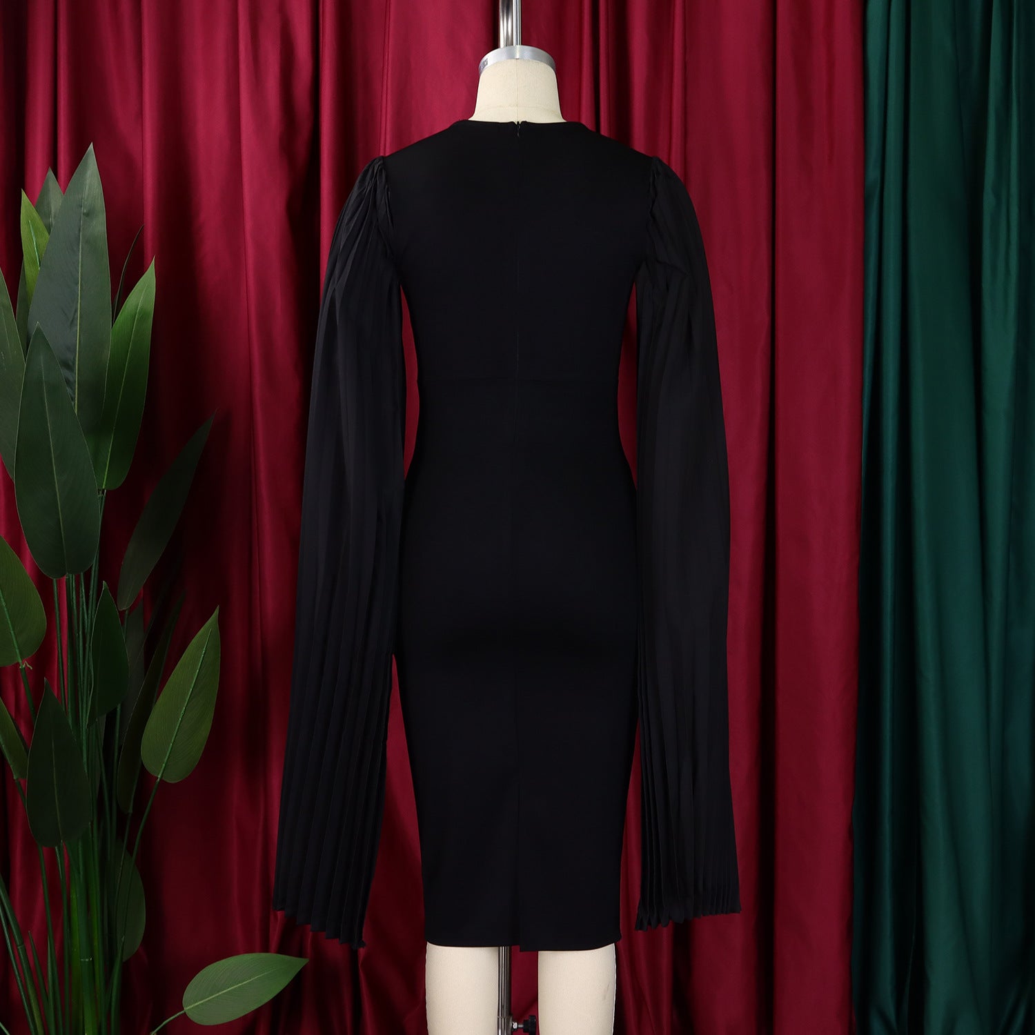 Women's Fashion Solid Color Round Neck Pleated Shawl Sleeve Formal Party Evening Dress 30