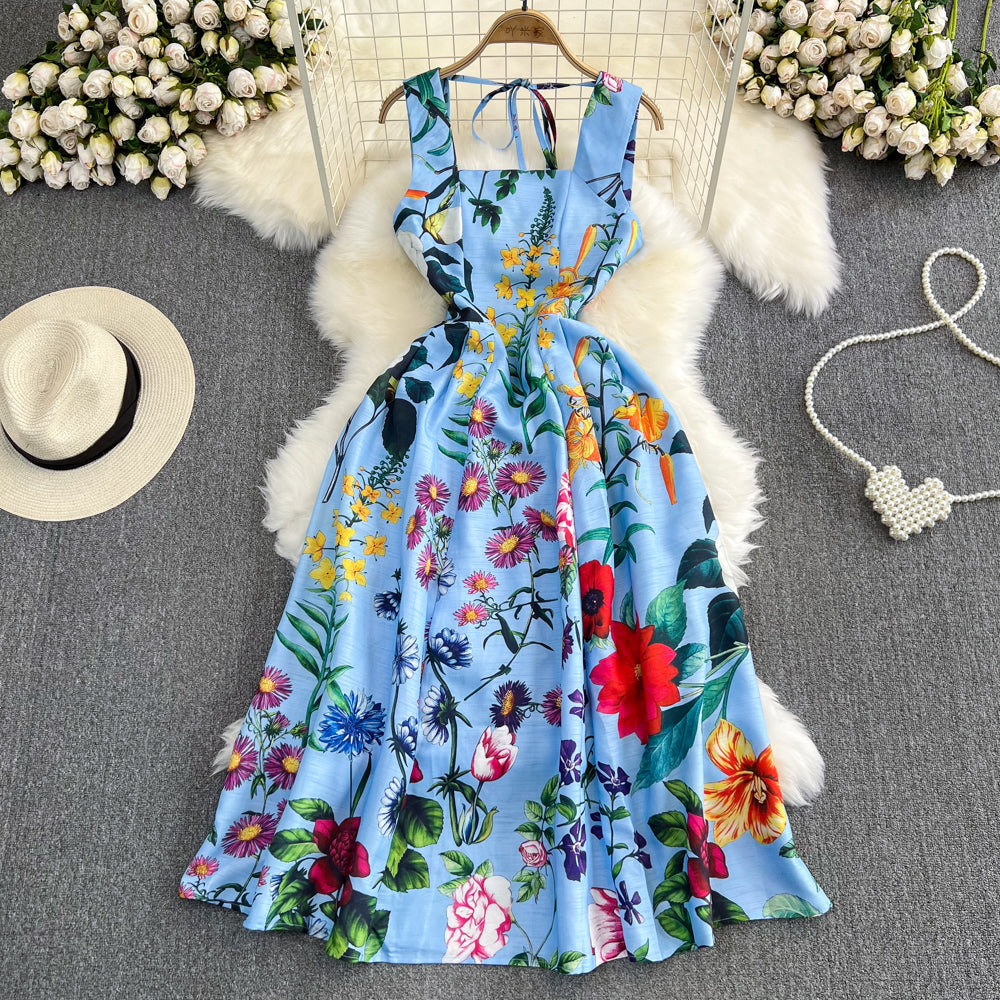 Retro Straps Fashionable Printed Slim Waist A-Line Dress Beach Holidays Long Dress 3