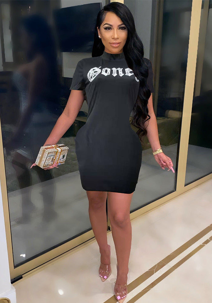 Women Sexy Letter Print Round Neck Mini Dress