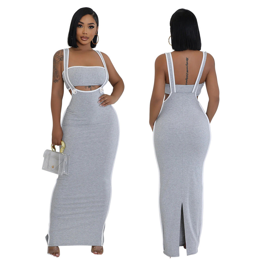 Women Sexy Suspender Bodycon Maxi Dress Solid Dress 3