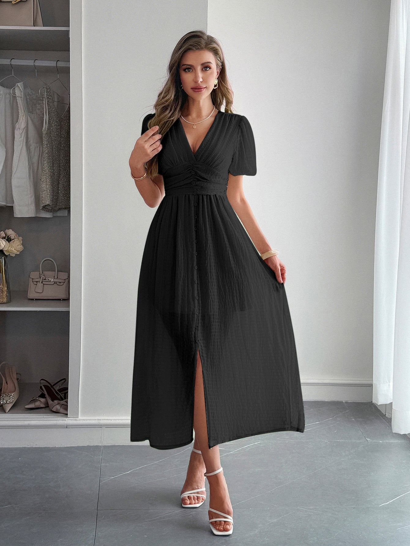 Spring/Summer Women's Chic Holidays Deep-V Short-Sleeve Long Dress 3