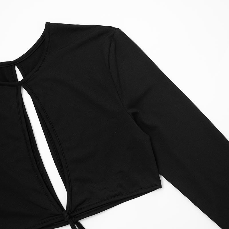 Women's Sexy Hollow Out Round Neck Long Sleeve Open Waist Slim Maxi Dress 23