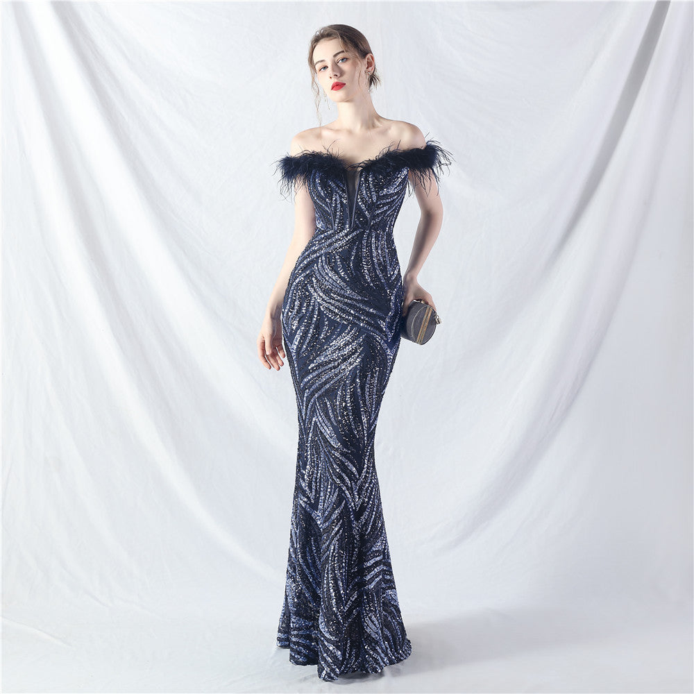 Elegant feather off shoulder sequin Fishtail Plus Size Formal Party Evening Dress 3