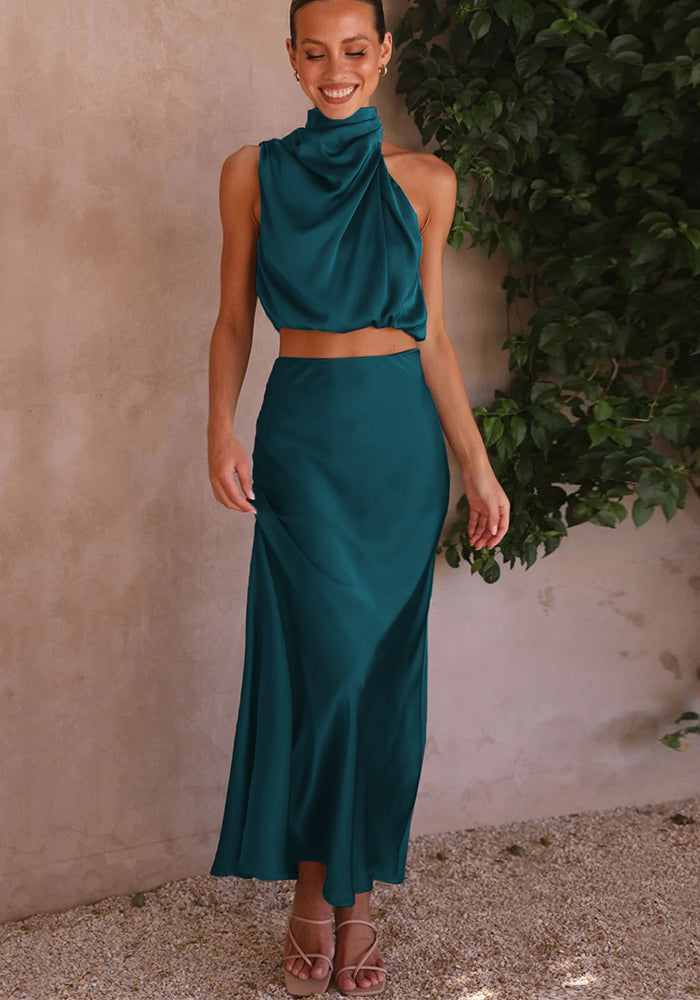 Summer Women's Sexy Sleeveless Bib Tops Maxi Skirt Casual Fashion Two Piece Set Women's Evening Party Wear