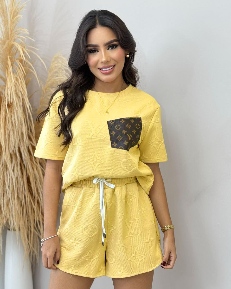 Women casual Pu-Leather pocket jacquard short-sleeved top and shorts sports two-piece set 4