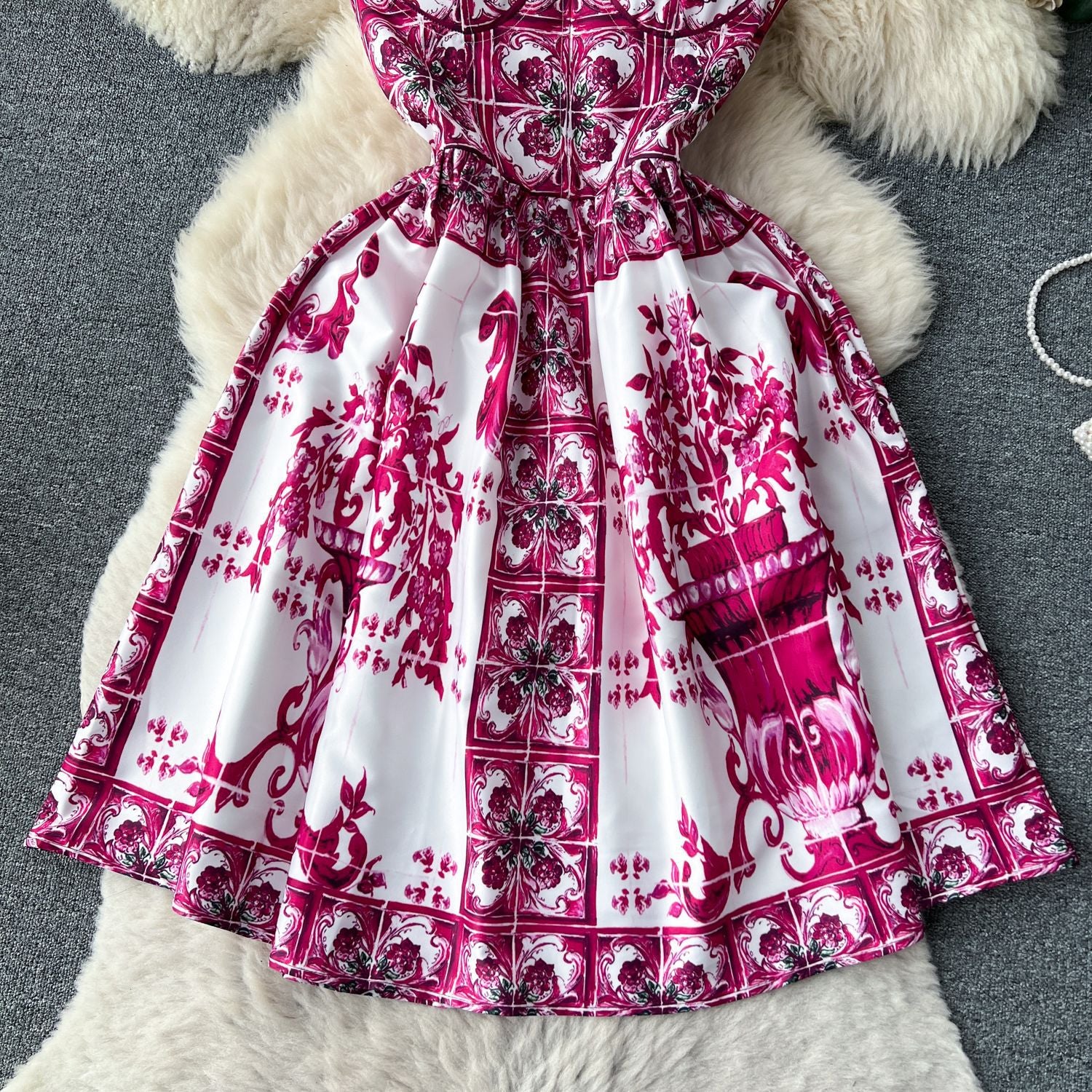 Women French Suspender Printed Strapless Dress 25