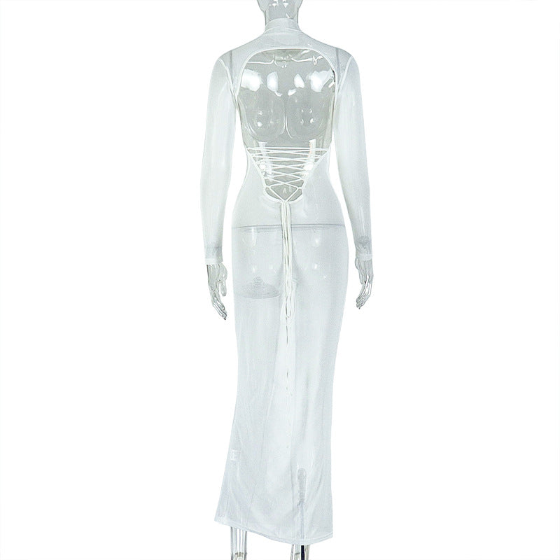 Women Elegant Sexy Backless Stand Collar Long Sleeve Solid Maxi Dress 9