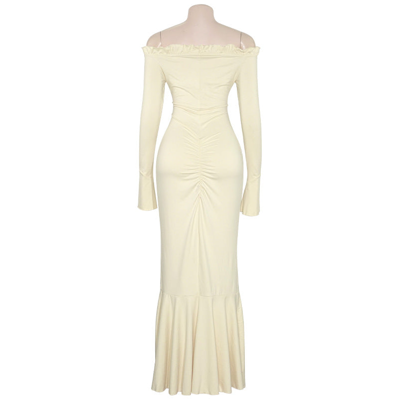 Autumn Solid Color Off Shoulder Long-Sleeved Sexy Slit Slim Women's Dress 6