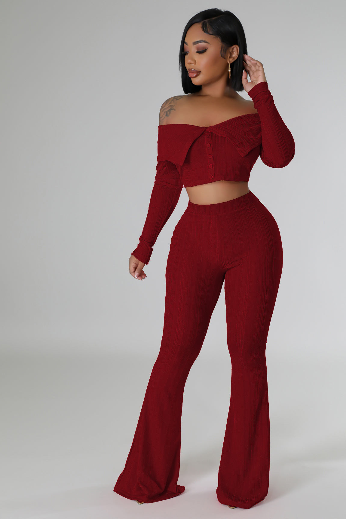 Women Solid Off-Shoulder Top and Wide Leg Pants Two-Piece Set 6
