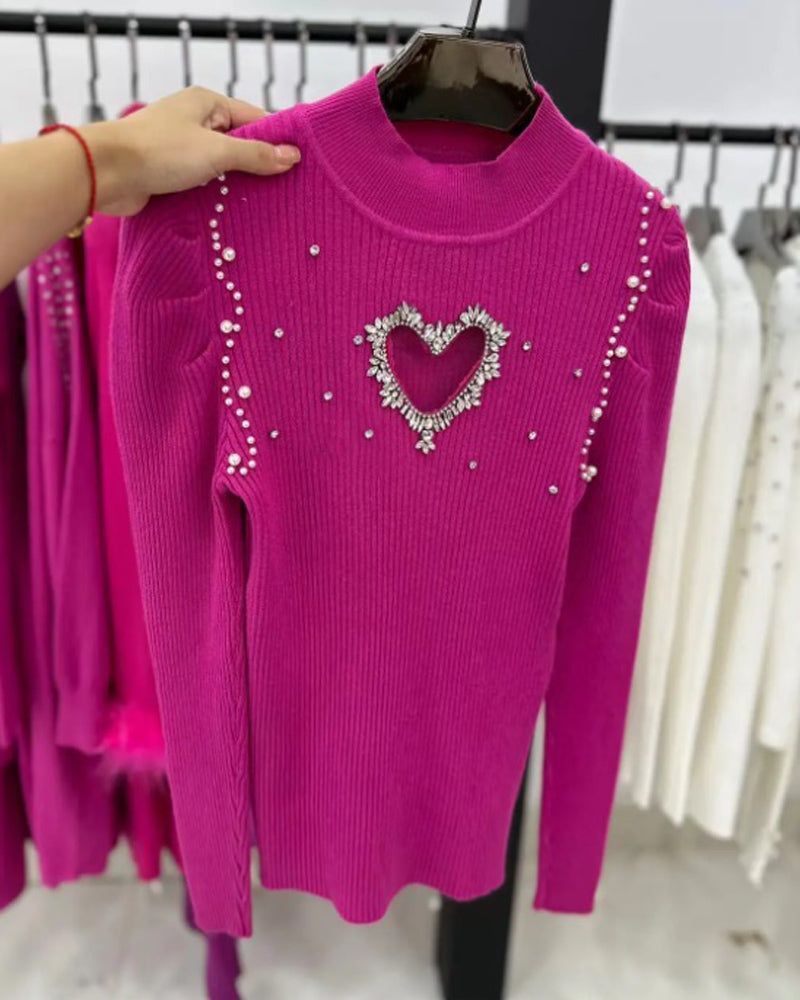 Women Hot drill Heart Print Hollow Sweater 4