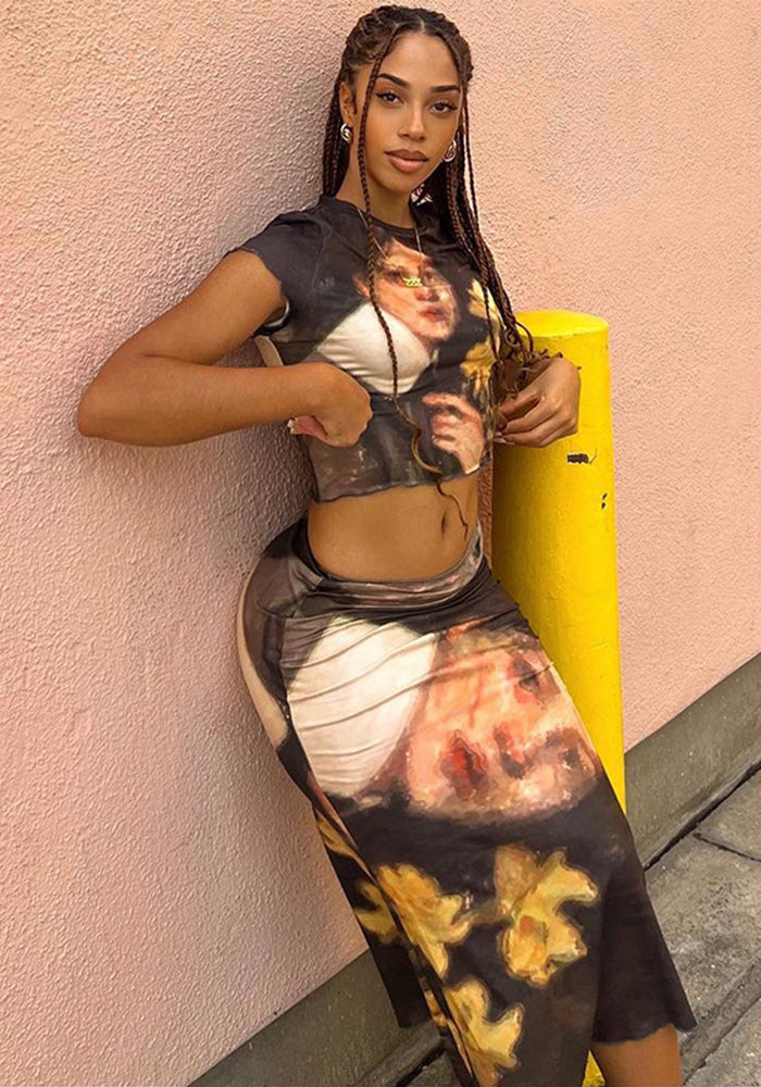 Digital Print Round Neck Top Maxi Skirt Two-Piece Set