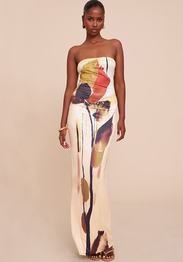 Women's Elegant Fashion Abstract Print Strapless Slim Long Dress