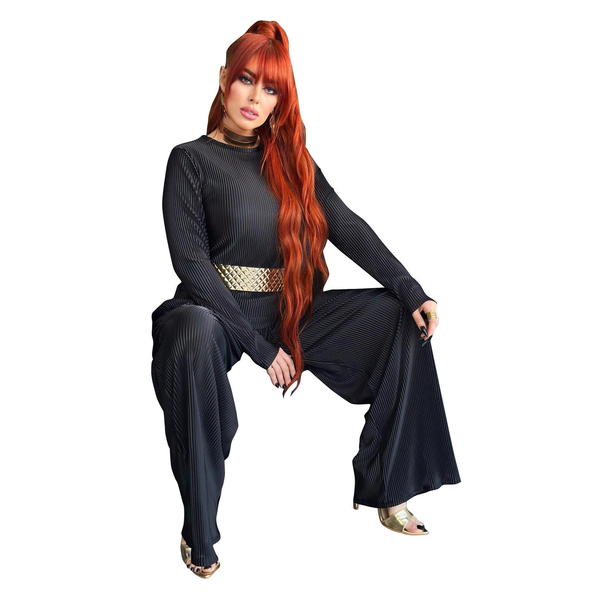 Women Loose Solid Long Sleeve Top and Wide Leg Pants Two-piece Set 4