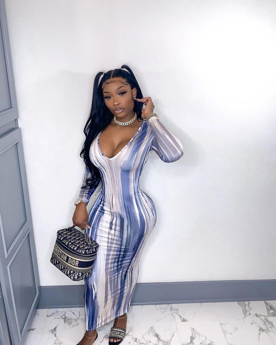 Women Long Sleeve V Neck Striped Dress 3