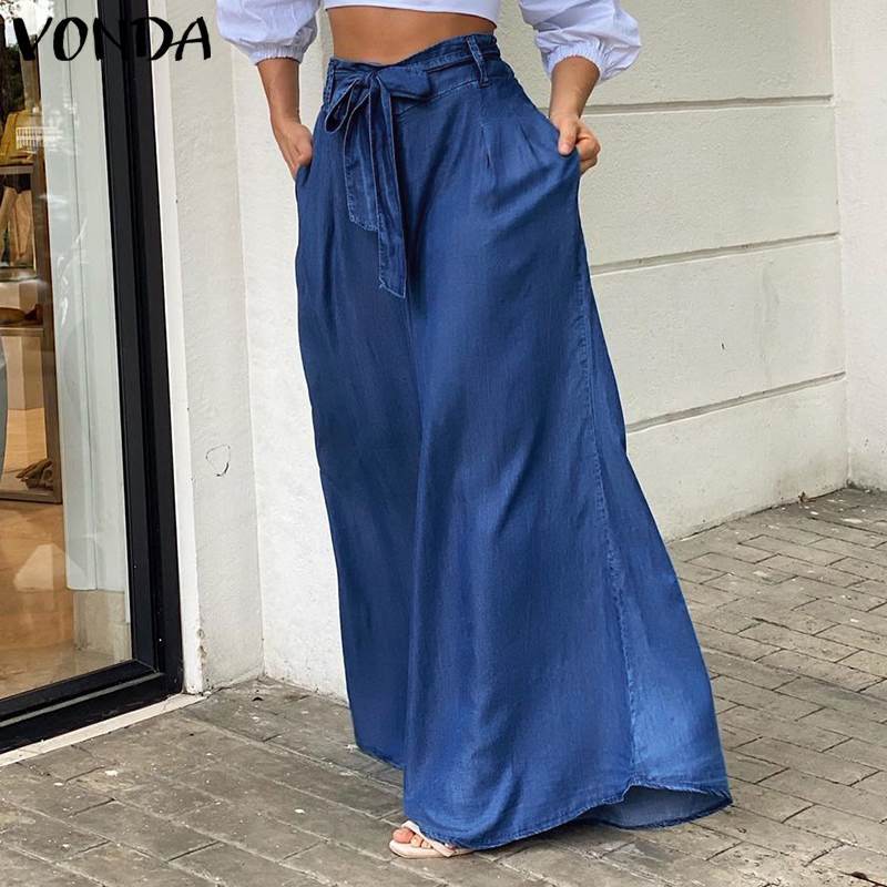Plus Size Women Casual Denim Strappy High Waisted Wide Leg Pants 10