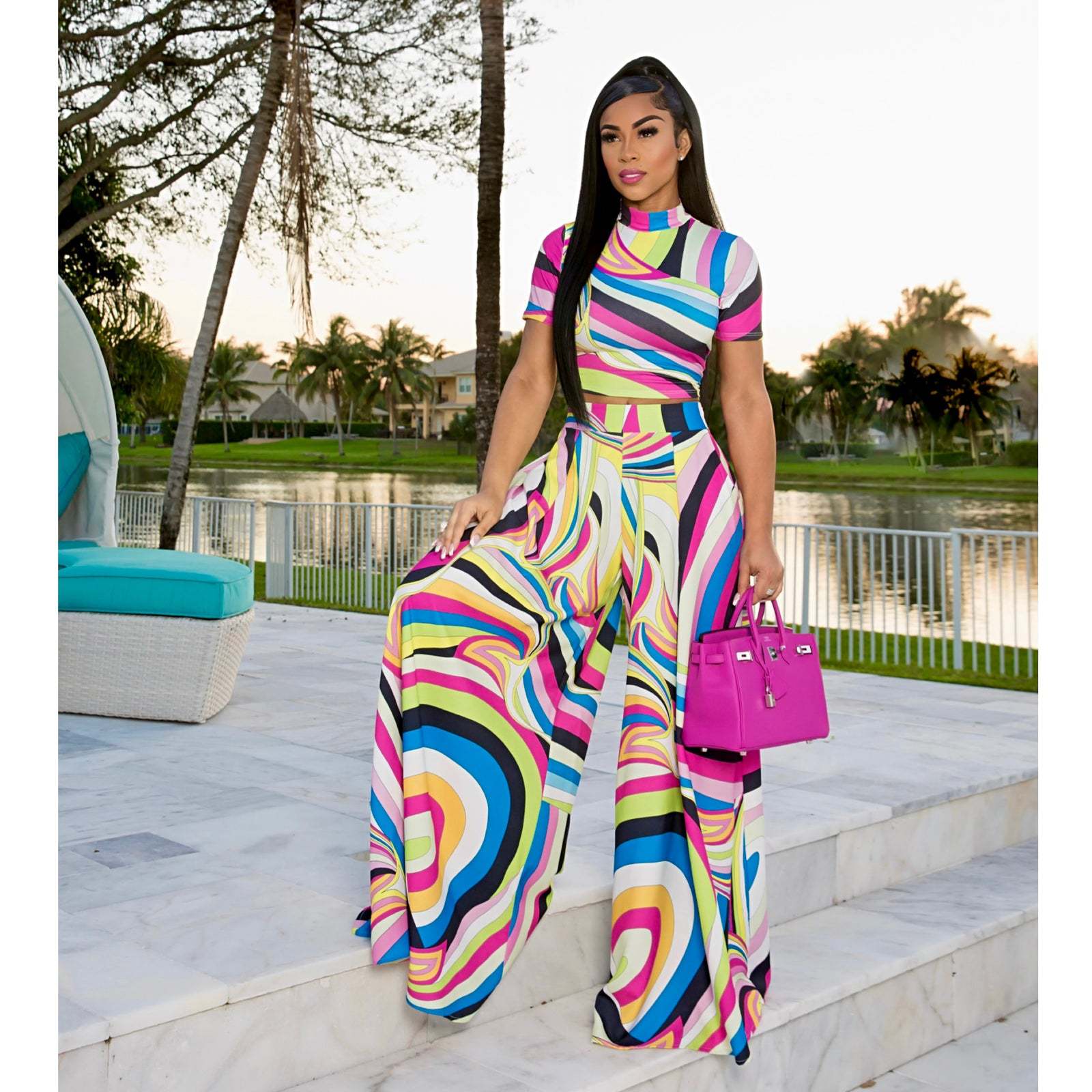 Fashion Printed Short-Sleeved Top Wide-Leg Pants Two Piece Set