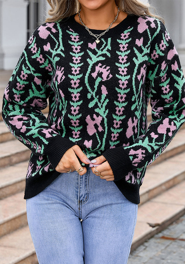Women Jacquard Branch Round Neck Floral Sweater