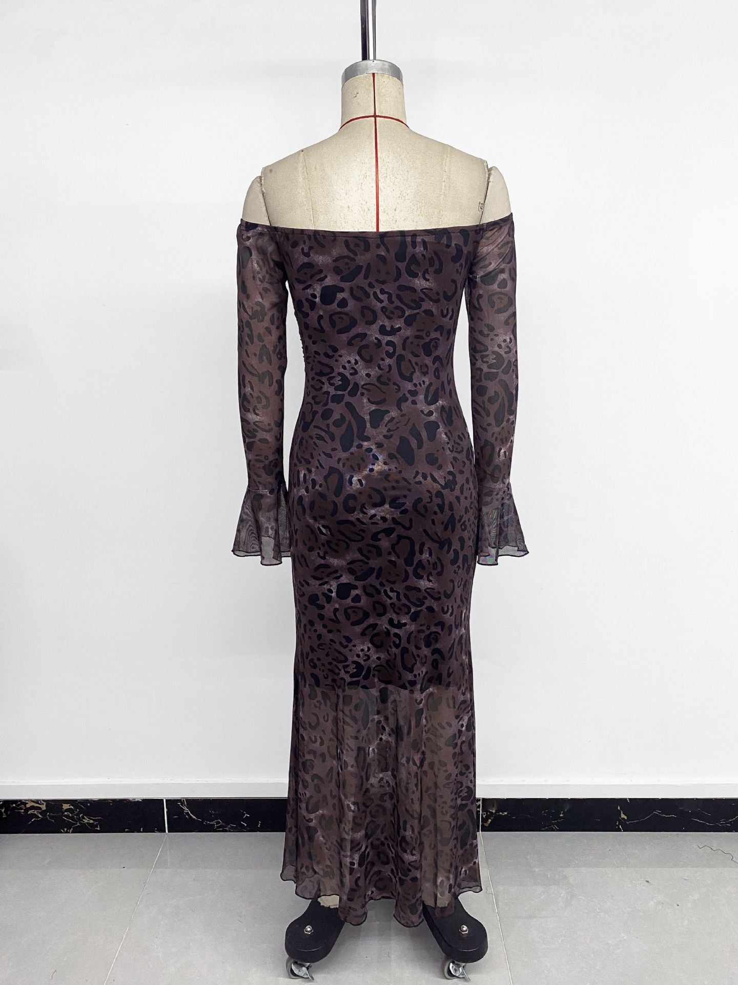 Women's Off Shoulder Long Sleeve Mesh Leopard Print Party Dress 8