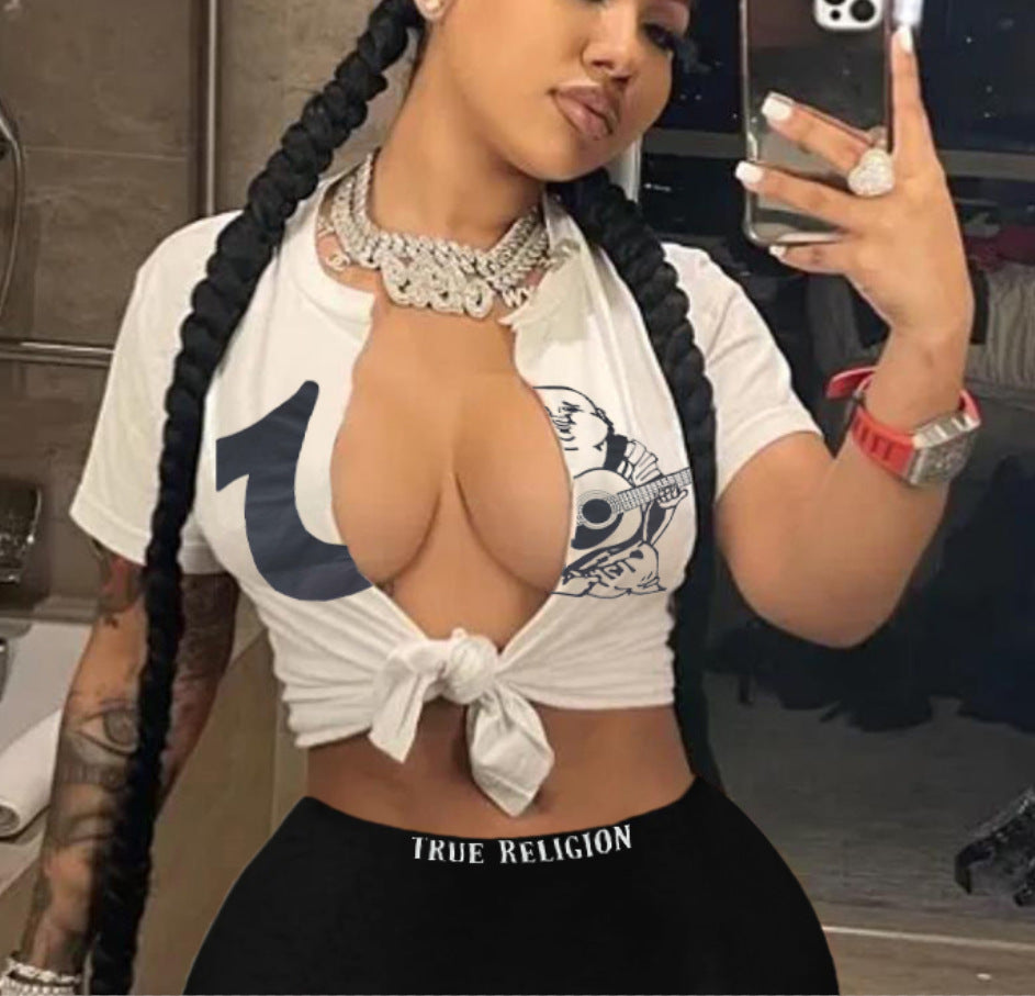 Women Sexy Lace-Up Short Sleeve Print Top Shorts Set