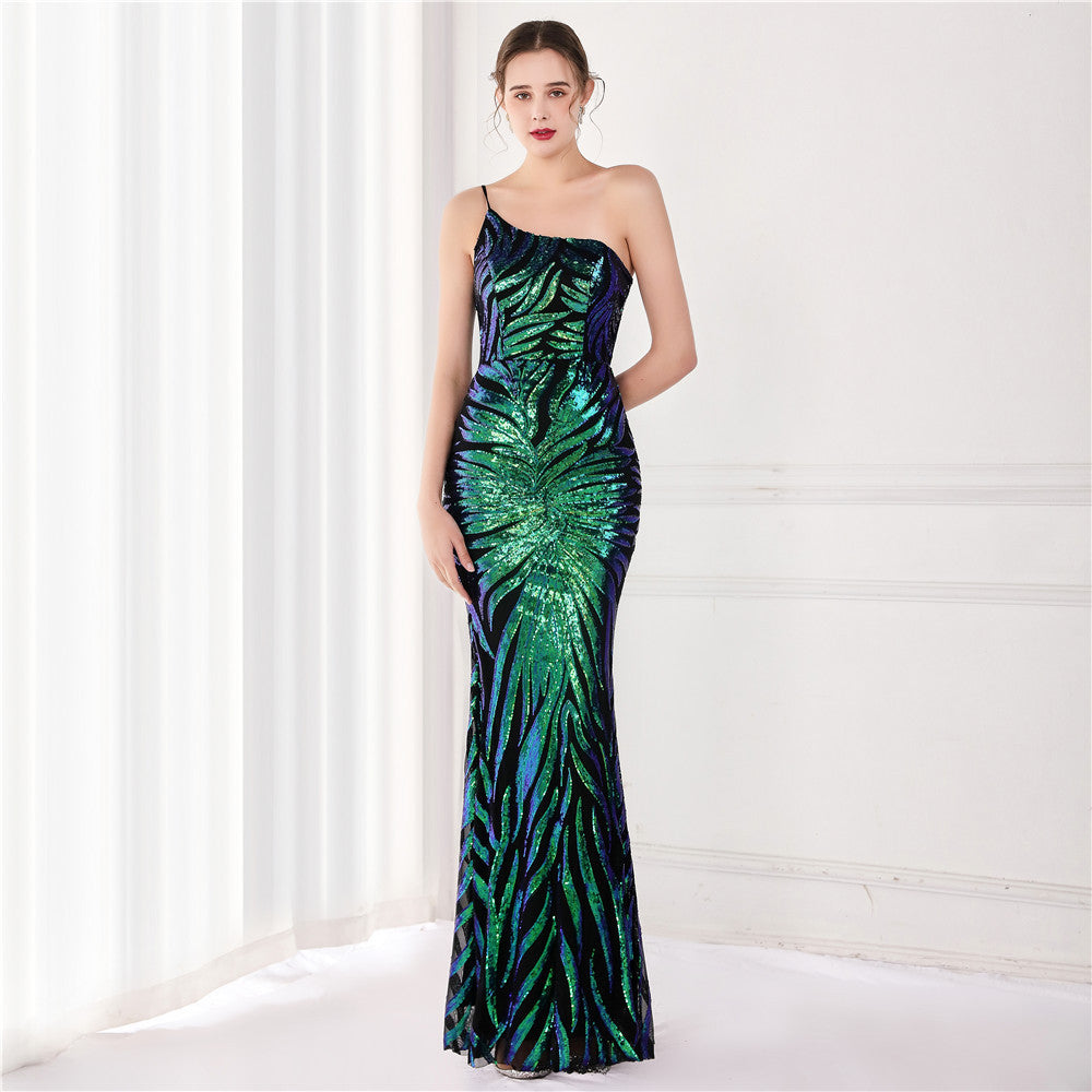 Summer Elegant Black One Shoulder Sleeveless Sequ Mermaid Evening Dress 6