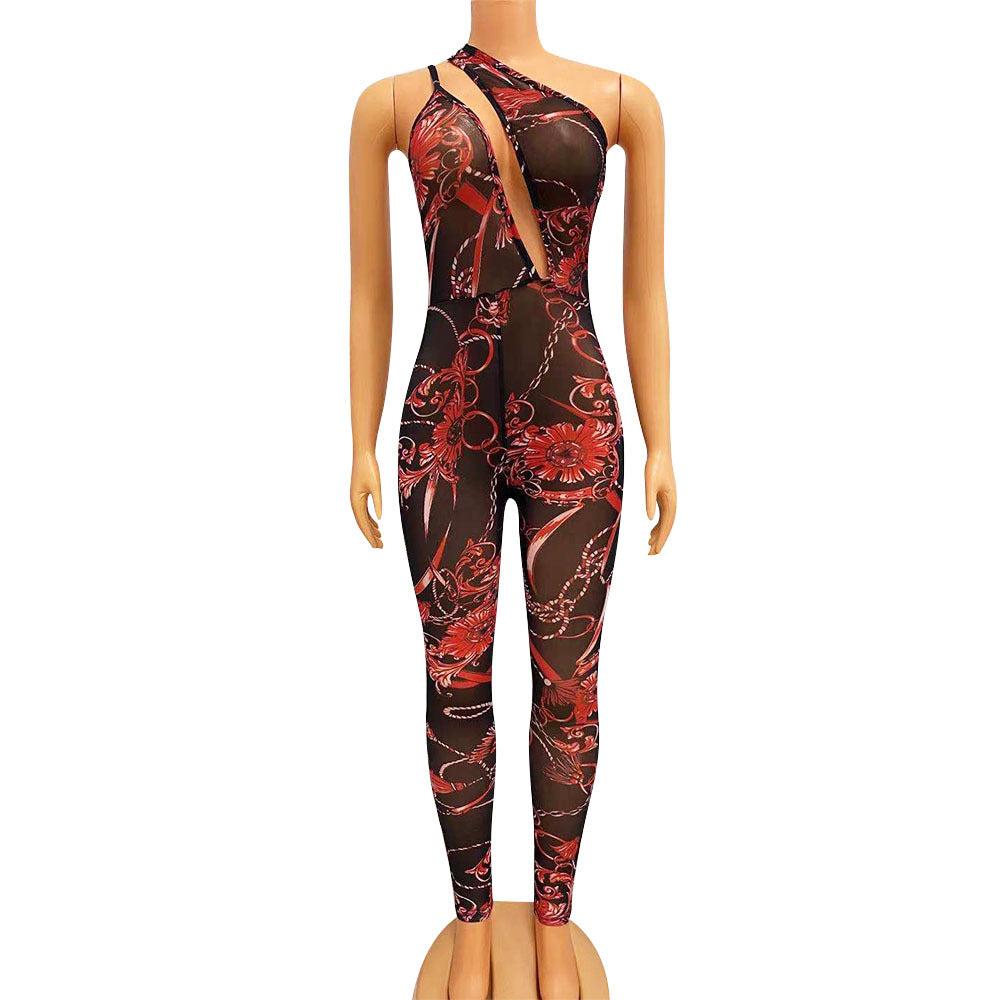 Summer Women's Sexy Mesh See-Through Nightclub Digital Print Jumpsuit 12
