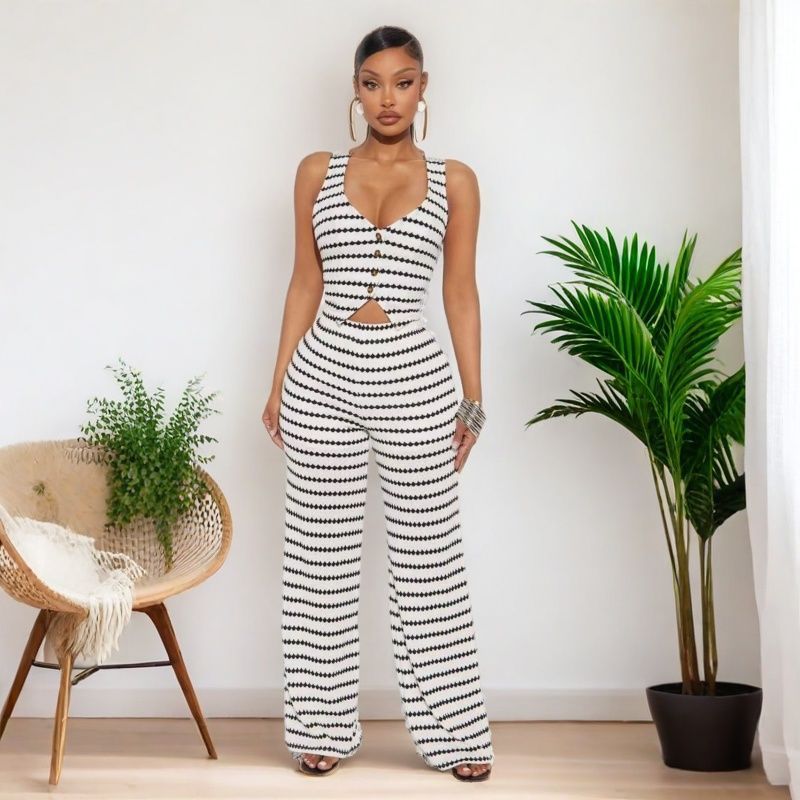 Women knitting casual summer striped top and long pants two-piece set