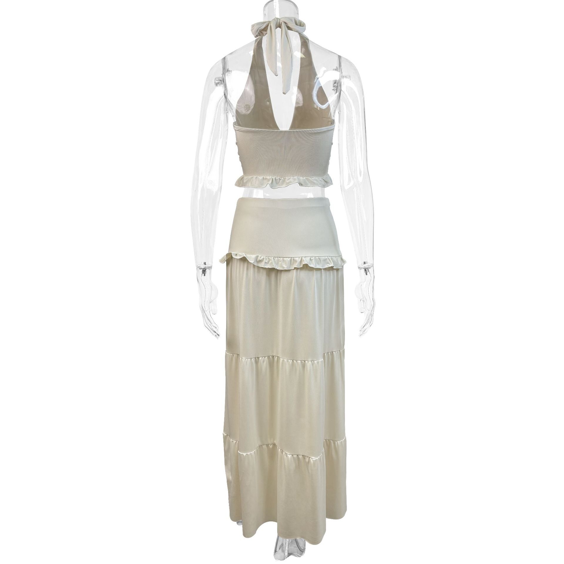 Summer Women's Fashion Sexy Halter Neck Top Low Waist Long Skirt Two piece Set 9