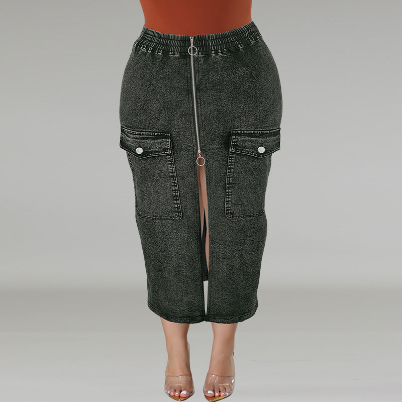 Plus Size Women's Denim Slim Fit Zipper Pocket Long Skirt 4