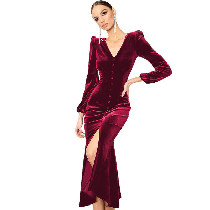 Women Autumn Knittingv Collar Solid Padded Shoulder Long Sleeve Slit Evening Dress 15