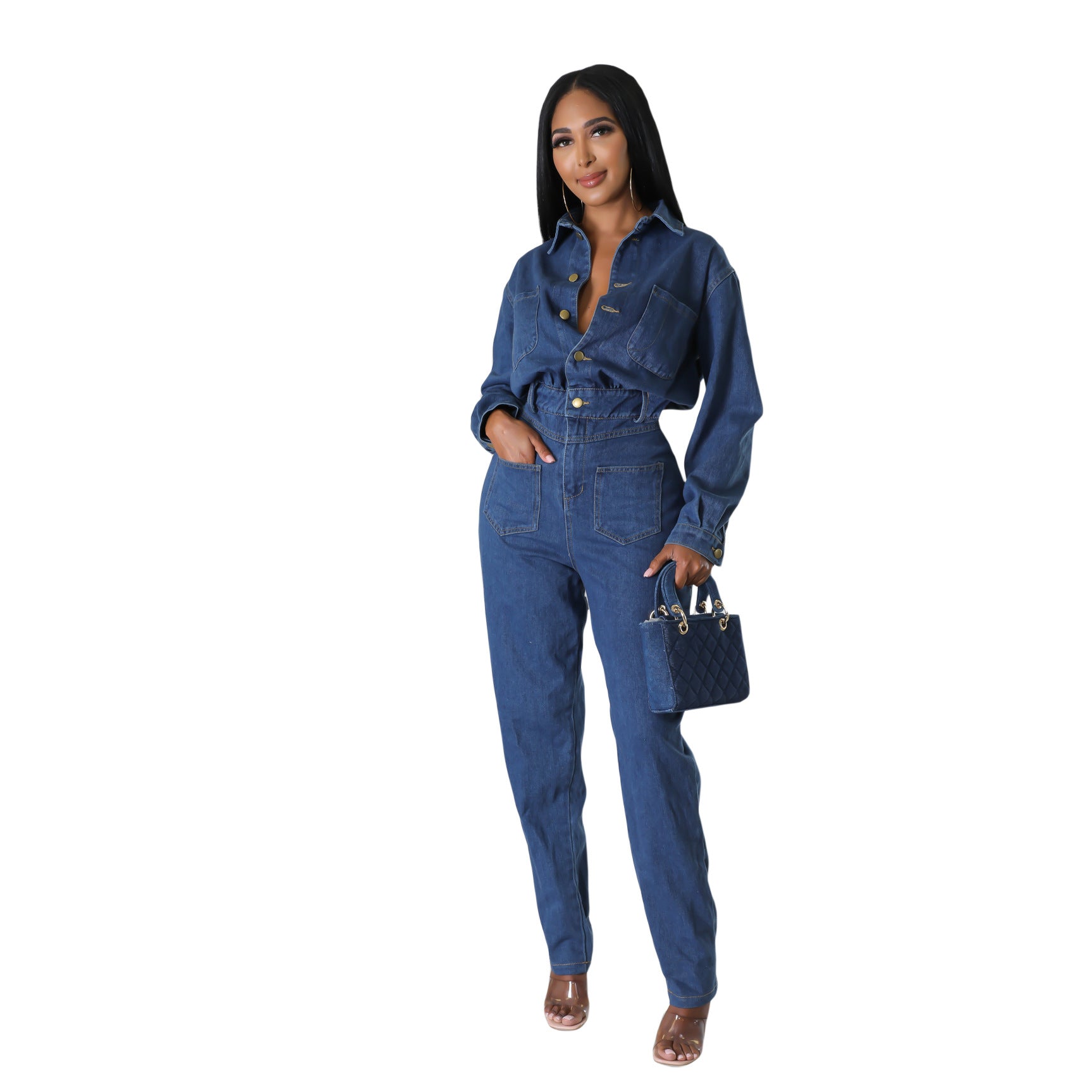 Women's Slim-Fitting Stretch  Washed Denim Pocket Jumpsuit 3