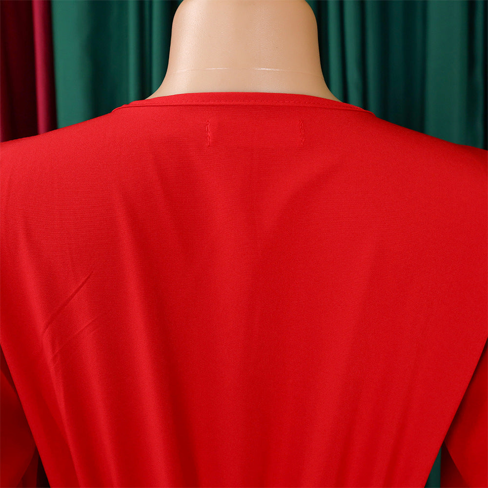 V-Neck Chic Elegant Slim Waist Belted Pleated High Waist Plus Size Dress 20