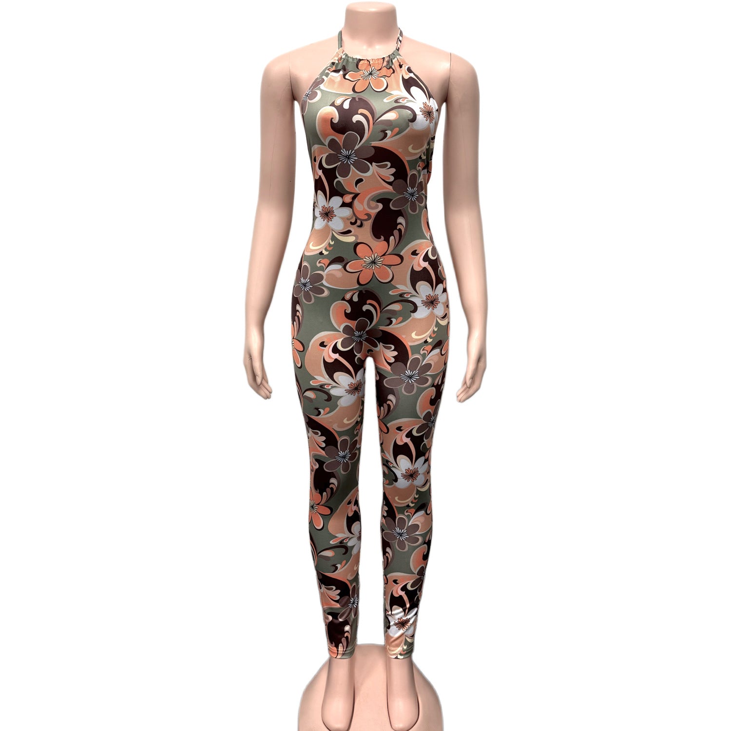 Women's Summer Sexy Deep Low Back Halter Neck Fashion Print Slim Fit Jumpsuit 9