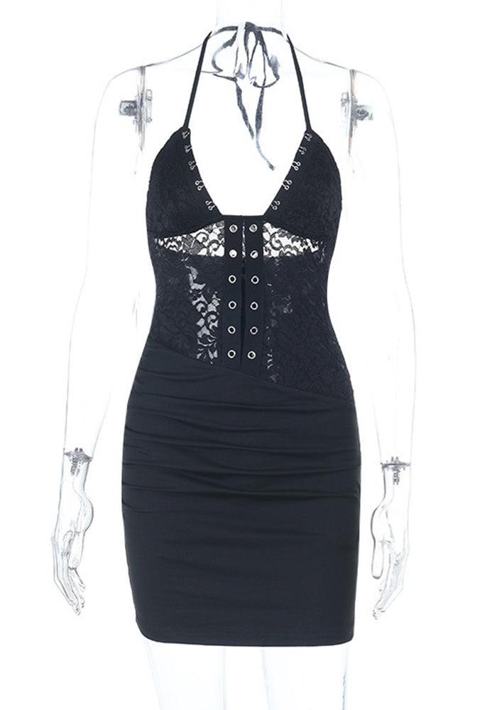 Women Summer Sexy Lace V-Neck Backless Lace-Up Strap Dress