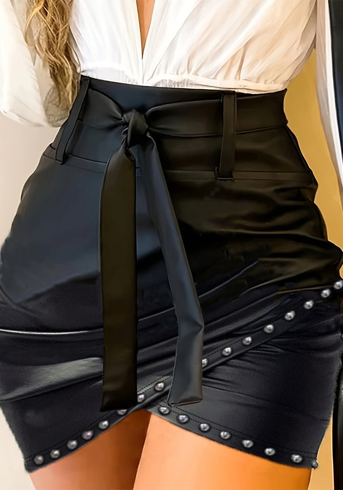 Women's  Fashion Casual Sexy Leather Beaded Slit Bodycon Mini Skirt