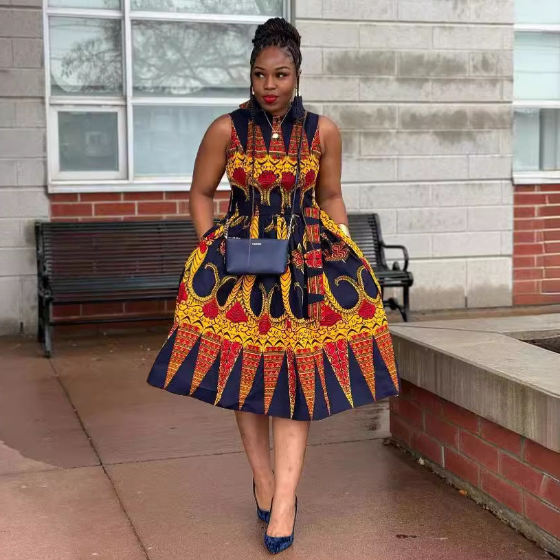 Sexy Printed Turndown Collar Sleeveless Slim Waist African Dress