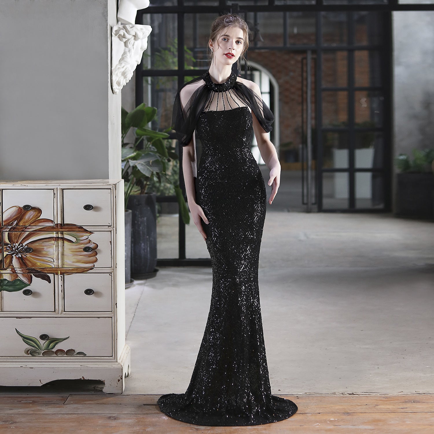 Sequin Mesh Halter-Neck Fishtail Bride Long Wedding Dress 8