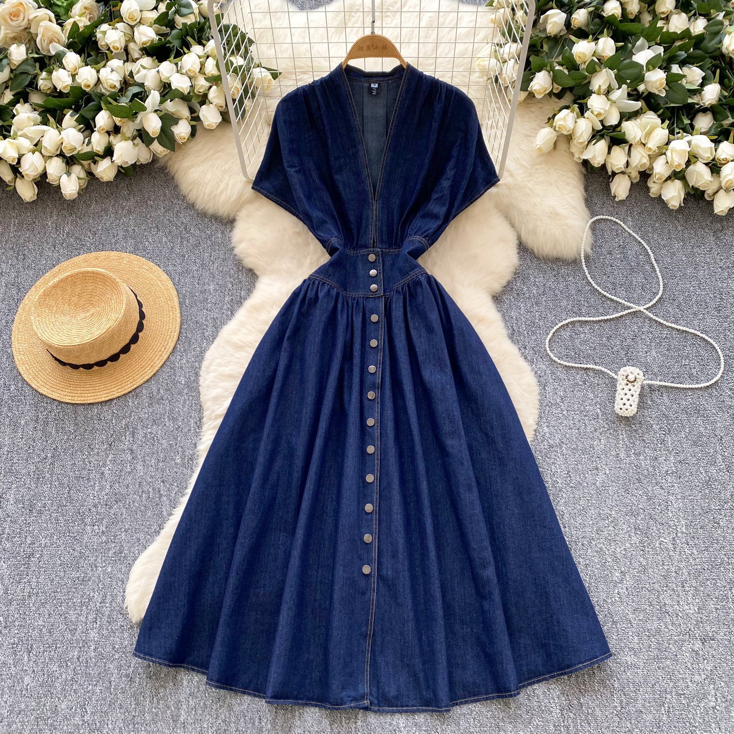 Women's Summer Deep V neck Slim Waist Buttoned Pleated Casual Denim Dress